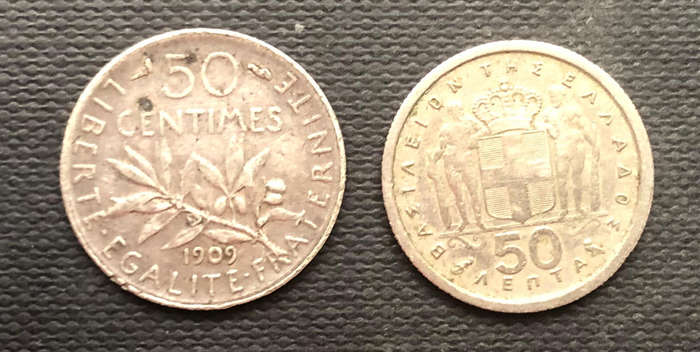 Silver 50 Centimes France 1909 and Greece 50 Lenta 1962