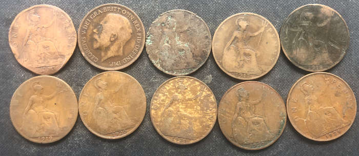 PENNY BRITISH 1913, 1916 x 2, 1917, 1918, 1919, 1920, & 1921 x 2 & 1929 GEORGE V COLLECTION OF TEN