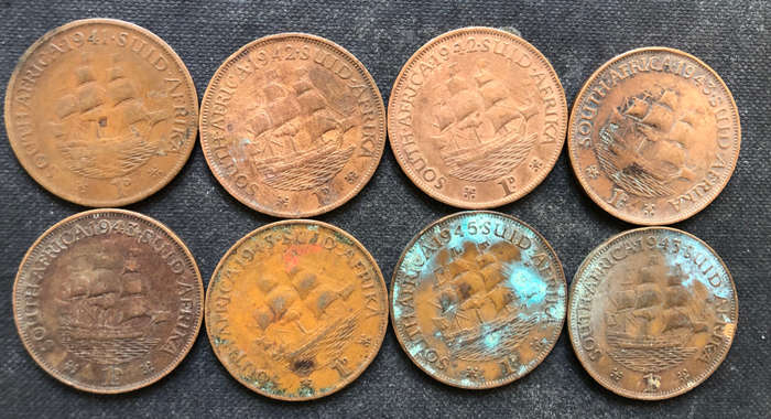 PENNY 1941, 1942 x 2, 1943 x 4, 1945, COLLECTION OF 8 UNION OF SOUTH AFRICA COINS