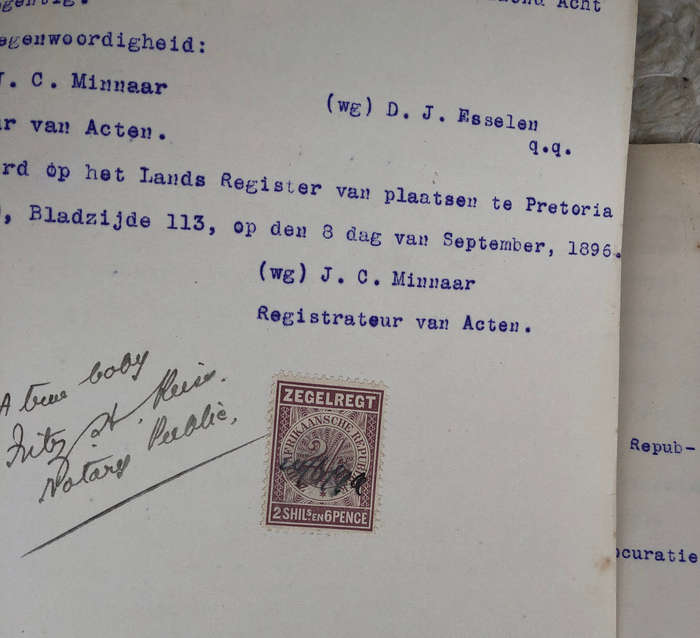 STAMP ZUID AFRIKAANSCHE REPUBLIEK ZEGELREGT 1896 TWO SHILLINGS AND SIXPENCE ON DUTCH DOCUMENT