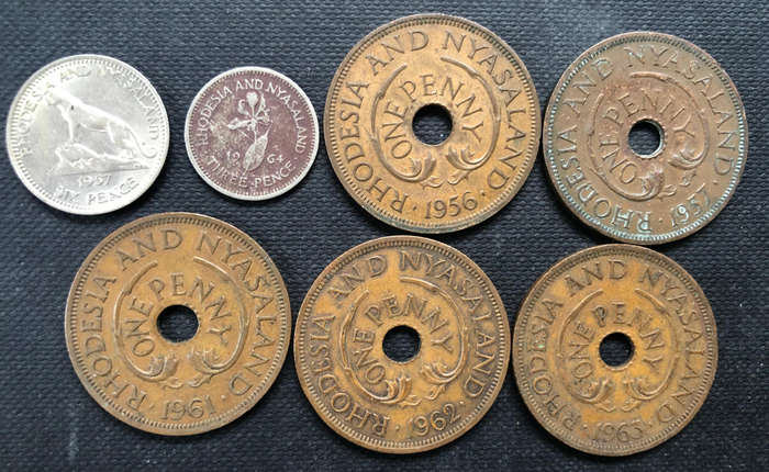 Rhodesia and Nyasaland Six Pence 1957 Three Pence Penny Collection of 7 Coins
