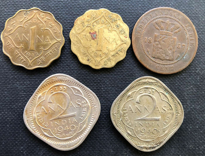 INDIA 1857 1940 1942 1943 1 Cent 1 & 2 Anna Collection of 5 Coins