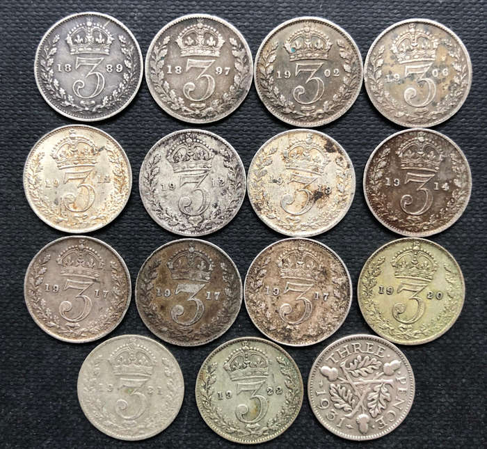 Silver UK Threepence 1889 1897 1902 1906 1911 1912 1913 1914 1917 1920 1921 1922 1931 15 Coins Total