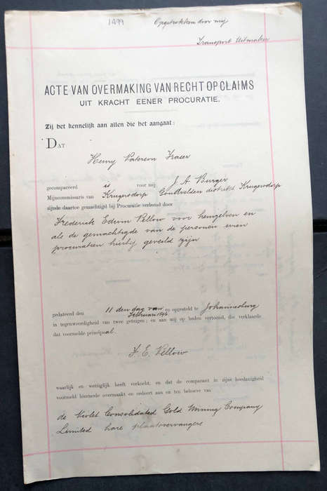 STAMP ZUID AFRIKAANSCHE REPUBLIEK ZEGELREGT 1896 ON TRANSFER OF GOLD CLAIM RIGHTS DOCUMENTS