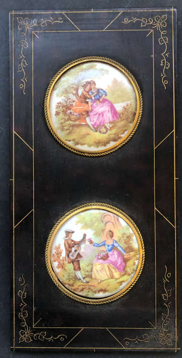 LIMOGES ROMANTIC LOVE PLATES IN ORIGINAL GILT INLAID FRAME AND EACH FRAMED IN PERIOD BULLION WIRE