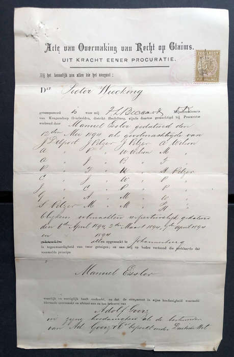 STAMP 1894 ZUID AFRIKAANSCHE REPUBLIEK VIJF SHILLINGS ZEGELRECHT ON GOLD CLAIM DOCUMENT PLUS .....