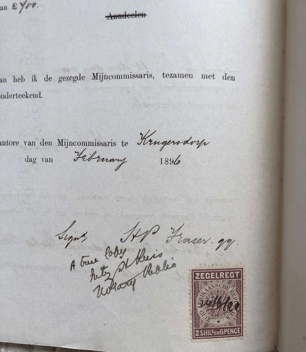 STAMP ZUID AFRIKAANSCHE REPUBLIEK ZEGELREGT 1896 ON TRANSFER OF GOLD CLAIM RIGHTS DOCUMENTS