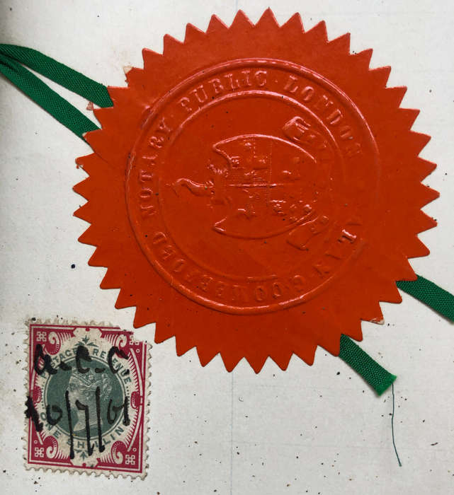 STAMP 1901 MAYORS COURT 9/6 SEAL AND GREAT BRITAIN ONE SHILLING REVENUE AND SEAL ON DOCUMENT