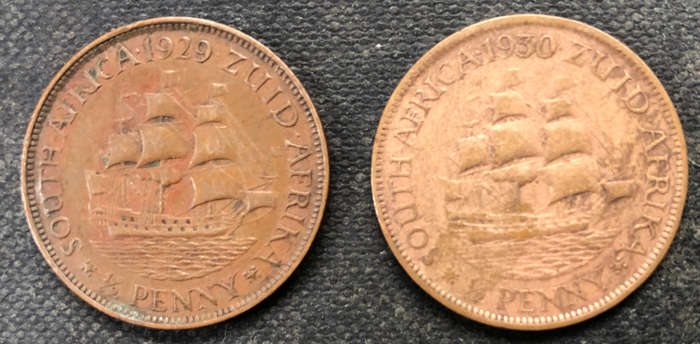 HALF PENNY 1929 1930 TWO UNION OF SOUTH AFRICA COINS