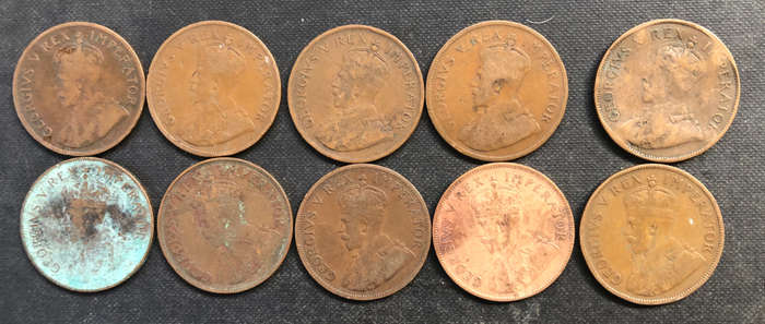 PENNY 1926 1927 1928 1929 1930 1931 1932 1934 1935 1936 UNION OF SOUTH AFRICA COLLECTION OF 10 COINS