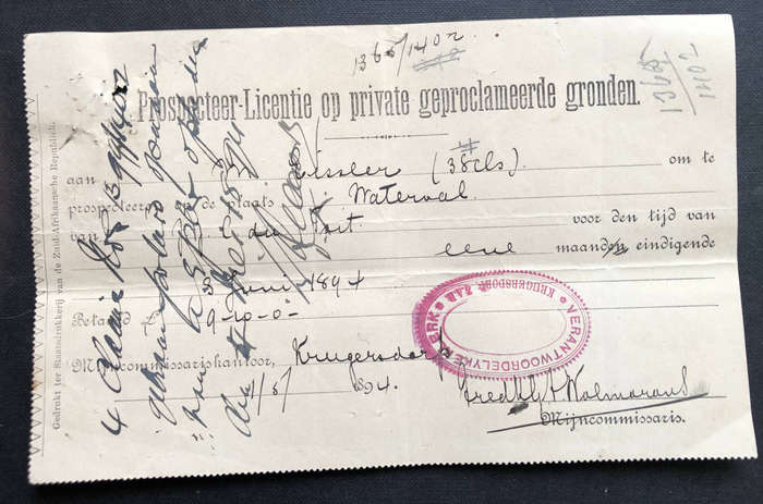 STAMP 1894 ZUID AFRIKAANSCHE REPUBLIEK VIJF SHILLINGS ZEGELRECHT ON GOLD CLAIM DOCUMENT PLUS .....