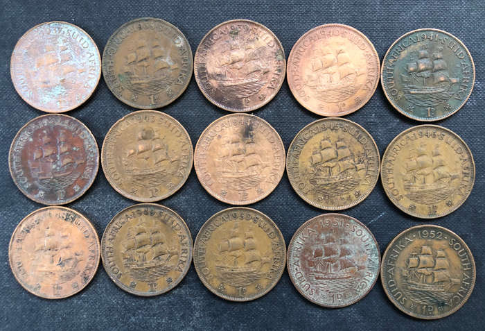 PENNY 1937 - 1946, 1948 - 1952 COLLECTION OF 15 UNION OF SOUTH AFRICA COINS
