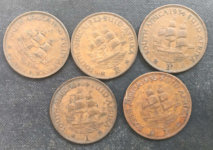 Penny 1930 1932 1934 1935 Union of South Africa Collection of Five Coins