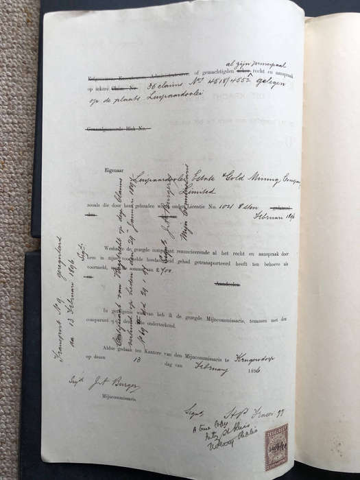 STAMP ZUID AFRIKAANSCHE REPUBLIEK ZEGELREGT 1896 ON TRANSFER OF GOLD CLAIM RIGHTS DOCUMENTS