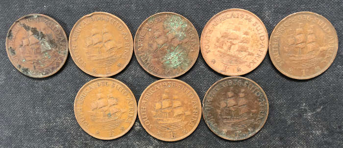 PENNY 1930 1934 1935 x 2 1936 x 4 UNION OF SOUTH AFRICA COLLECTION OF 8 COINS