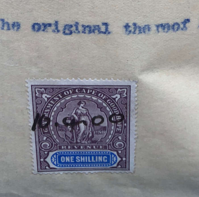 STAMPS 1900 CAPE OF GOOD HOPE TEN, FIVE AND ONE SHILLING REVENUE ON GOLD CLAIMS DOCUMENT