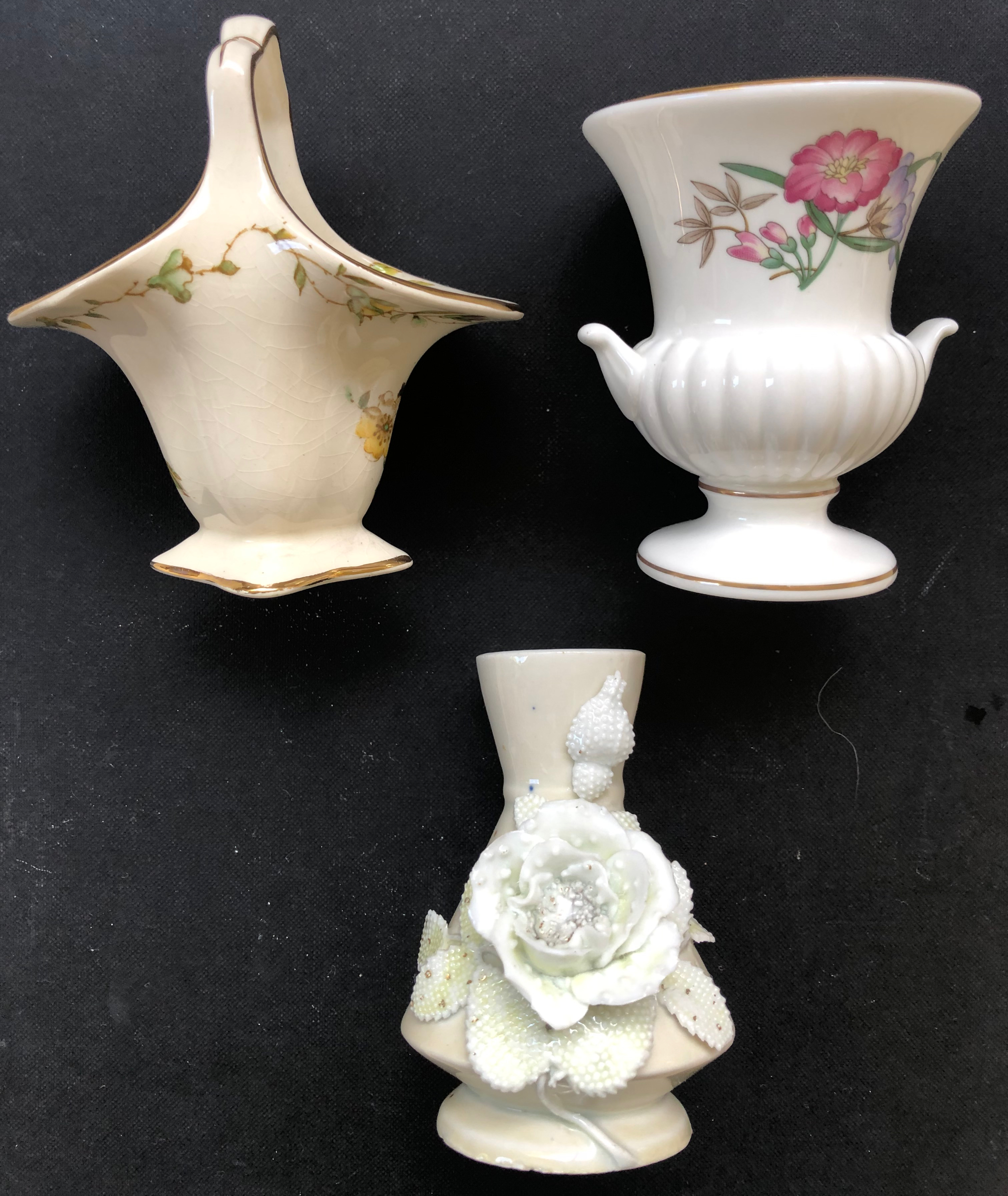 WEDGWOOD BONE CHINA URN VASE, ROYAL WINTON BASKET VASE AND UNMARKED VASE