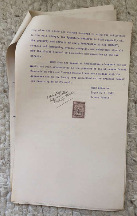 ZUIDAFRIKAANSCHE REPUBLIEK ZEGELREGT STAMP 2/6 ON 1898 GOLD MINING DOCUMENT
