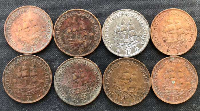 PENNY 1941, 1942 x 3, 1945, 1950 - 1952 COLLECTION OF 8 UNION OF SOUTH AFRICA COINS