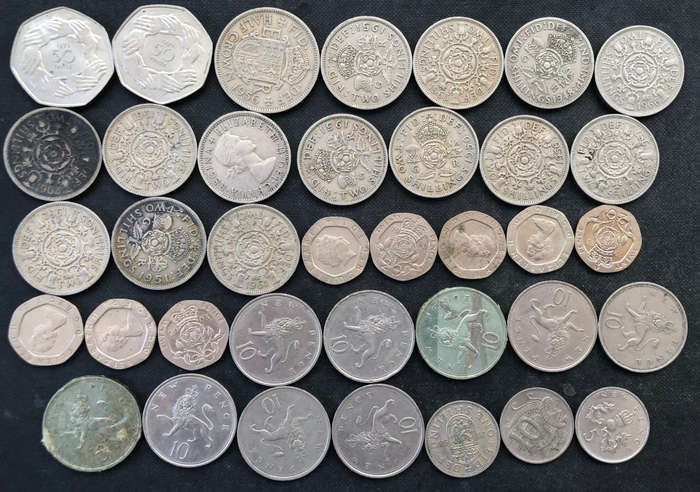 Britain 50 Pence Half Crown Two Shillings 20 Pence 10 Pence One Shilling Collection of 37 Coins