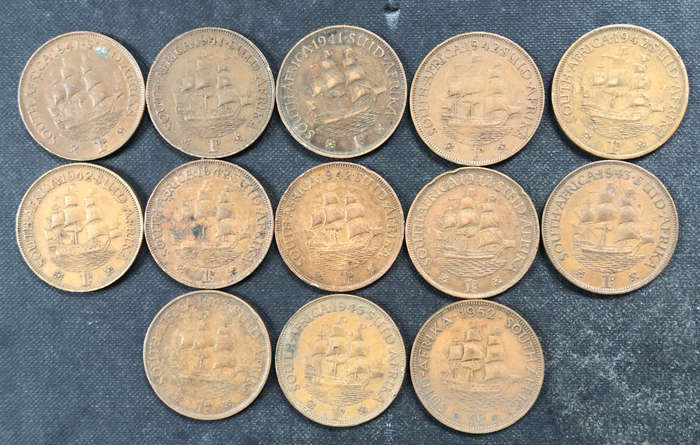 Penny 1941 x 3 1942 x 6 1943 x 2 1945 1952 UNION SOUTH AFRICA COLLECTION OF 13 COINS