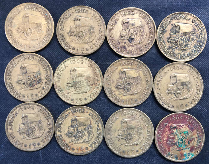 ONE CENTS SOUTH AFRICAN COLLECTION 12 COINS  COMPRISING 1961 x 3, 1962 x 3, 1963 x 3 AND 1964 x 3