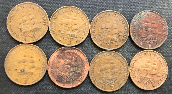 PENNY 1941, 1942 x 2, 1943 x 5 COLLECTION OF 8 UNION OF SOUTH AFRICA COINS