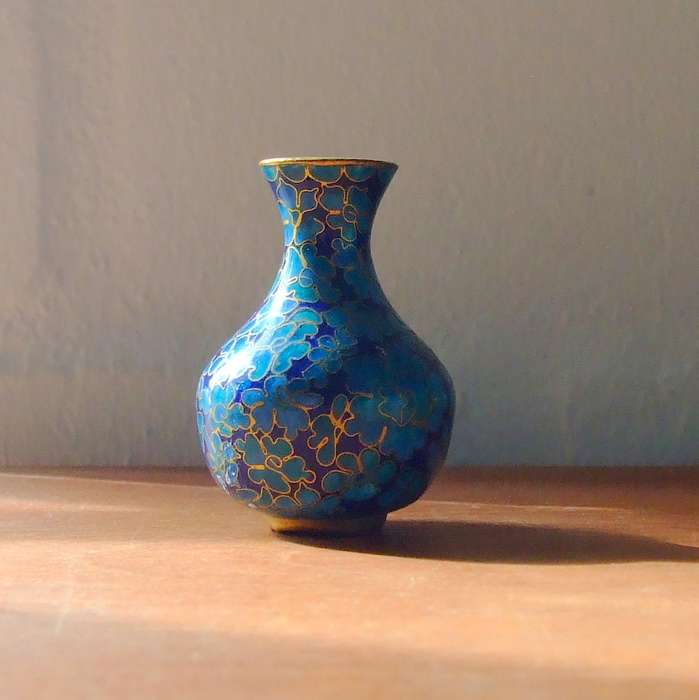 Exceptional vintage brass and blue enamel miniature cloisonne vase.