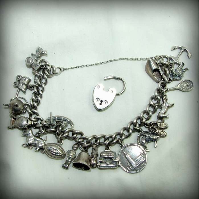 Silver Charm Bracelet - 78g, 20 charms, 190mm long