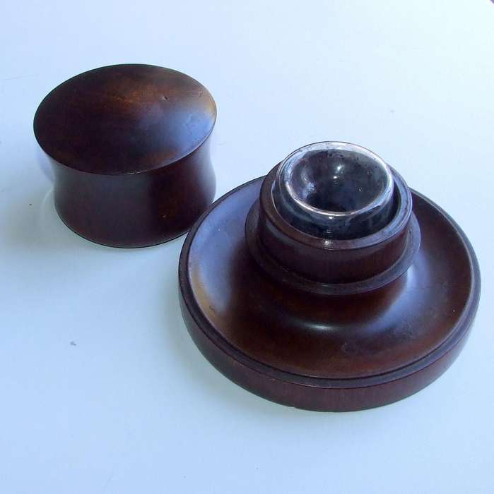 Antique turned wood and glass inkwell