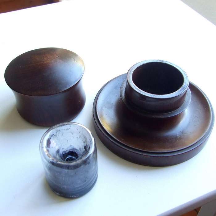 Antique turned wood and glass inkwell