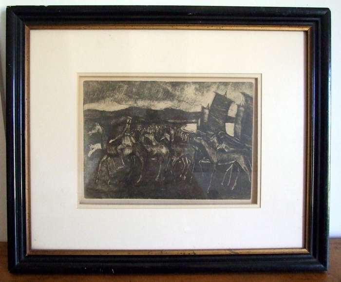Drypoint by VALERIO PISANO  titled NORACE DONA I CAVALLI (Norace donates the Horses)