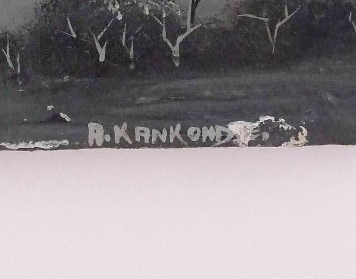 Vintage black and white landscape oil painting by Northern Rhodesian Artist A. Kankonde