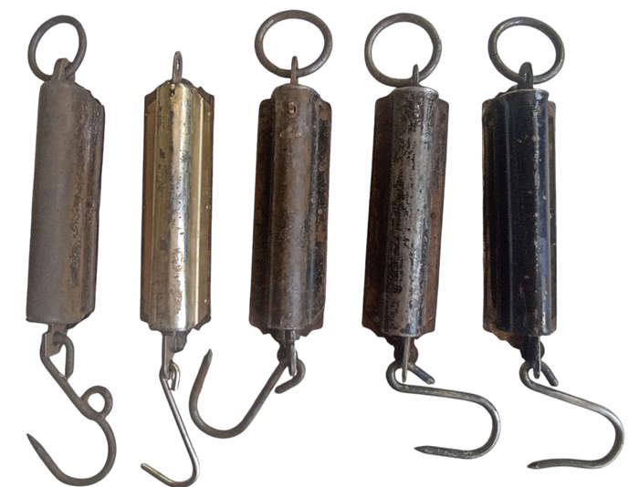 5 Vintage Pocket Balance Scales, 2 Salters 25/50 lb, 1 Utility 50lb, 2 Rebure 50lb-Sell per scale