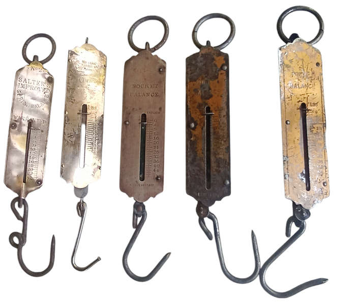 5 Vintage Pocket Balance Scales, 2 Salters 25/50 lb, 1 Utility 50lb, 2 Rebure 50lb-Sell per scale