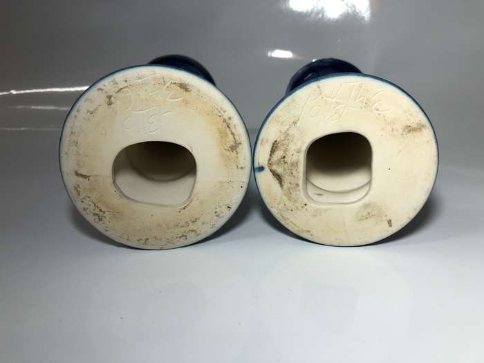 2 BLUE AND WHITE POTTERY CANDLESTICKS HOLDERS - SIGNED THE POTTER