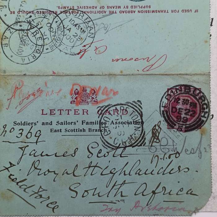 Boer War letter card from Edinburgh Scotland to Pretoria South Africa through Cape Town Durban