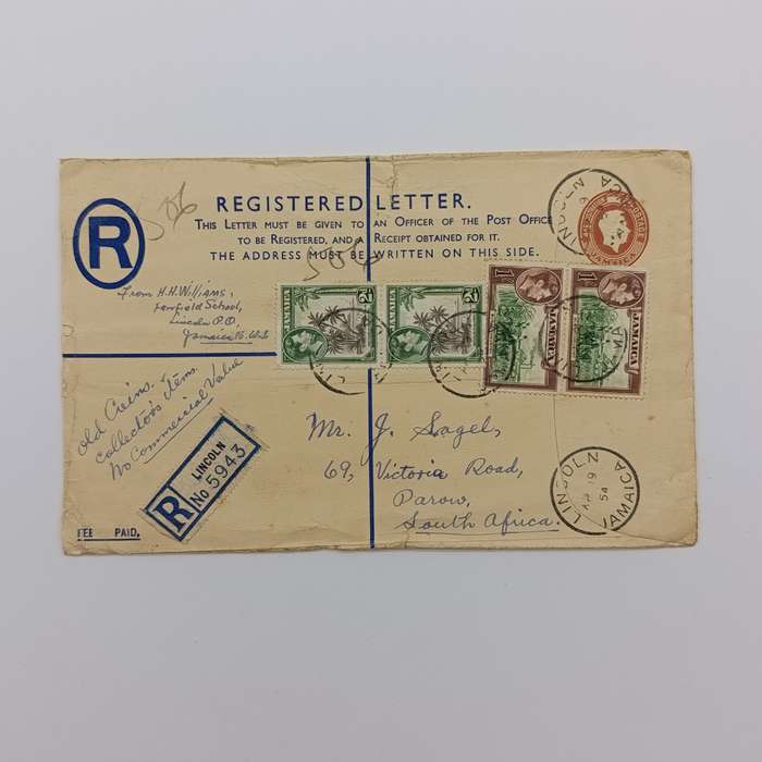 Jamaica 1954 Registered letter from Lincoln, Jamaica to Parow, South Africa