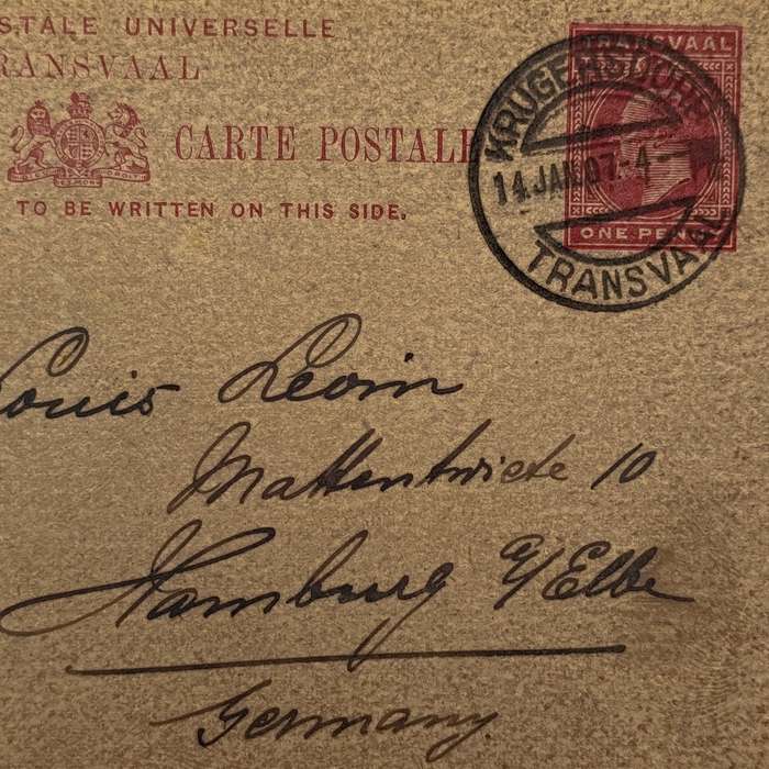 Postcard from Krugersdorp Transvaal to Hamburg Germany 14 January 1907
