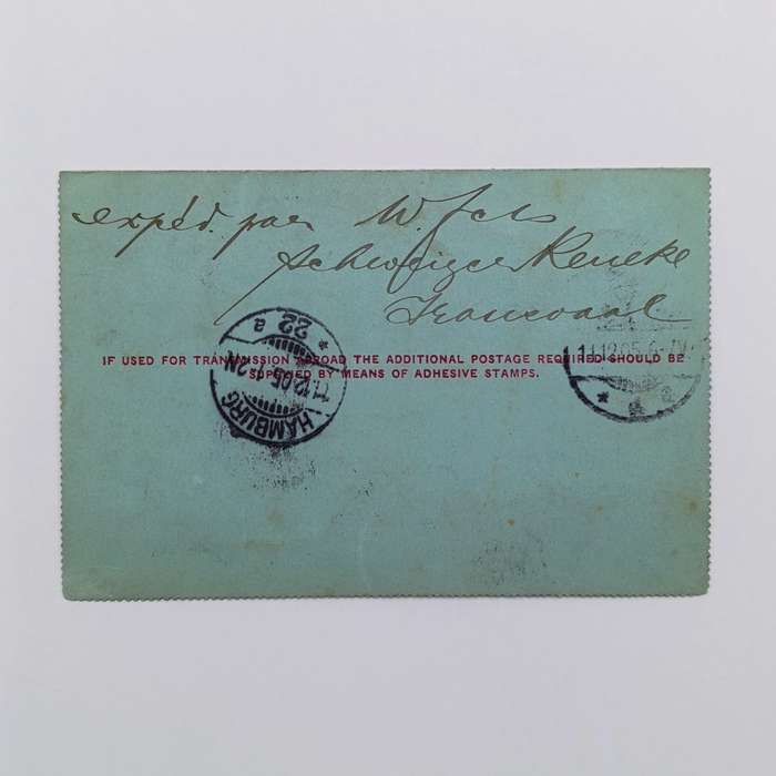 Letter card from Schweizen Reneke (Transvaal) to Hamburg Germany 16 Nov 1905 with 1d Transvaal stamp