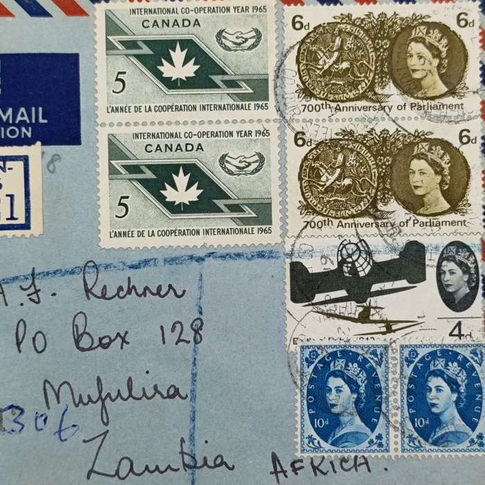 Registered airmail cover Canada to Zambia 1966 backstamped Mufulira & Ndola with 7 Canadian stamps