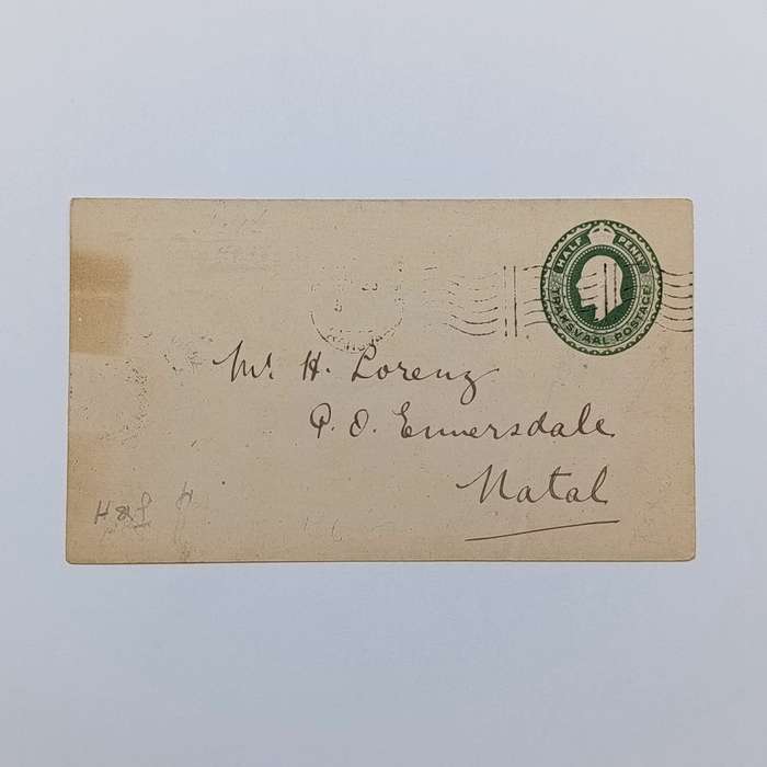 Postal History Cover Ladysmith Natal to Emmersdal Natal on Transvaal pre-printed envelope