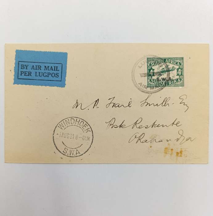 Air Mail cover First flight Windhoek to Okahandja 1 August 1931 with SACC 99 stamp