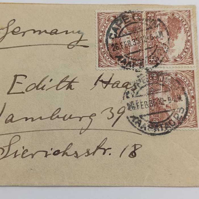 Air mail cover from Cape Town South Africa to Hamburg Germany 26 February 1935