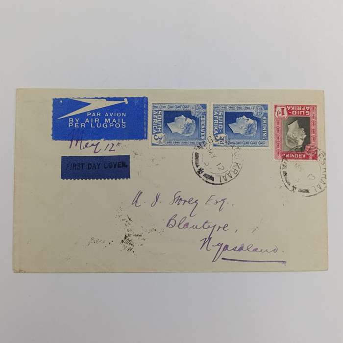 Airmail cover Wagenaars - Kraal South Africa to Blantyre Nyasaland with 3 South African stamps