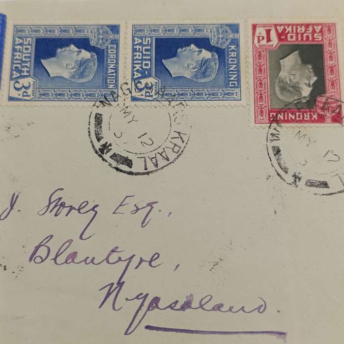 Airmail cover Wagenaars - Kraal South Africa to Blantyre Nyasaland with 3 South African stamps