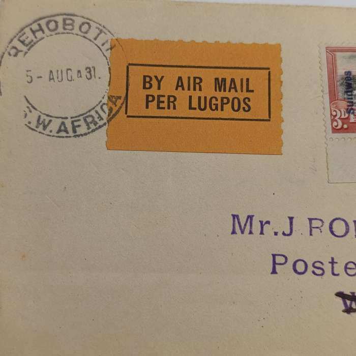 Air Mail letter cover from Rehoboth SWA to Mariental SWA 5 August 1931 with Scarce SACC 76 pair on
