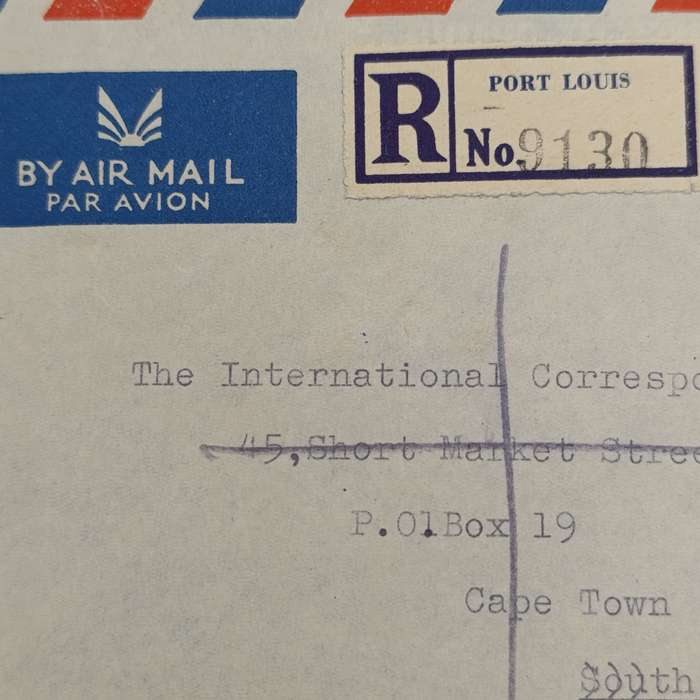 Registered airmail cover Port Louis, Mauritius to Cape Town, South Africa