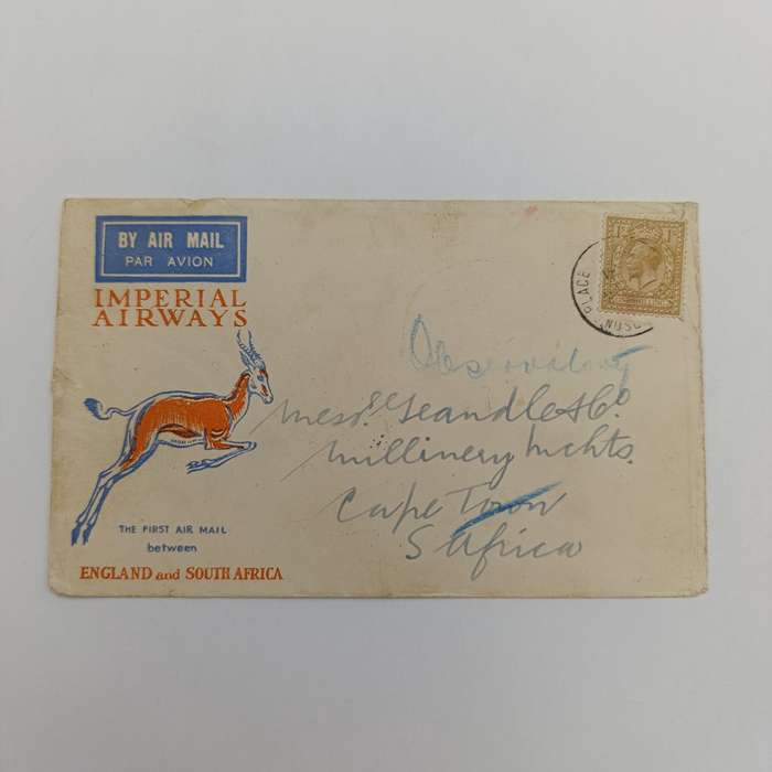 Imperial Airways First Air Mail cover from England to South Africa with British one Shilling stamp