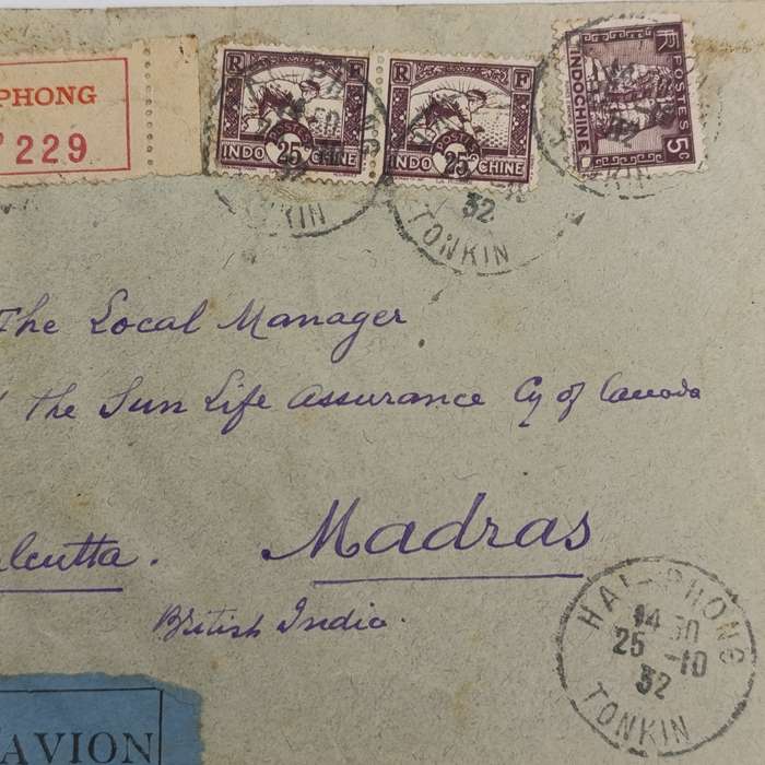 Registered airmail cover with 3 Indo China stamps cancelled HAI-PHONG 25-10-1932
